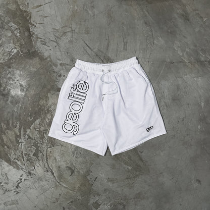 GEOLIFE EMBROIDERY MESH SHORTS --- WHITE