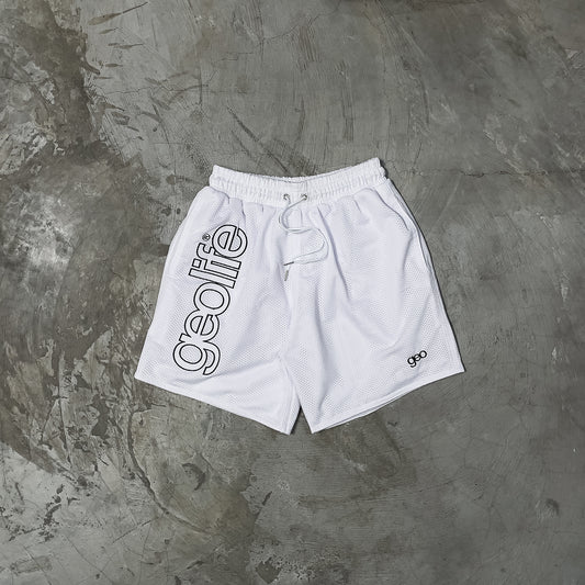 GEOLIFE EMBROIDERY MESH SHORTS --- WHITE
